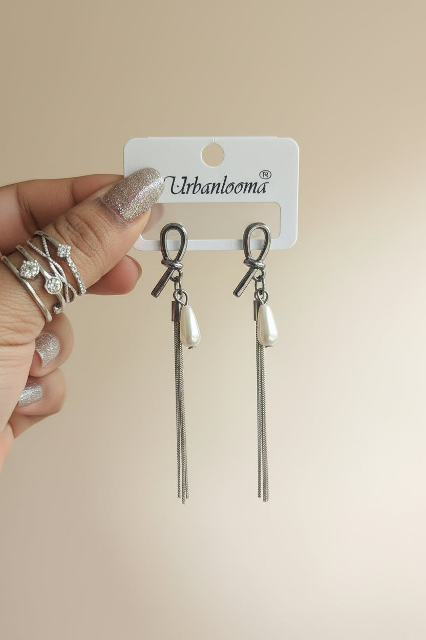Gunmetal Knot & Teardrop Pearl Dangle Earrings