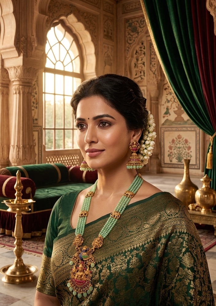Royal Lakshmi Temple Jewelry Long Necklace & Jhumka Set with Mint Green Beads