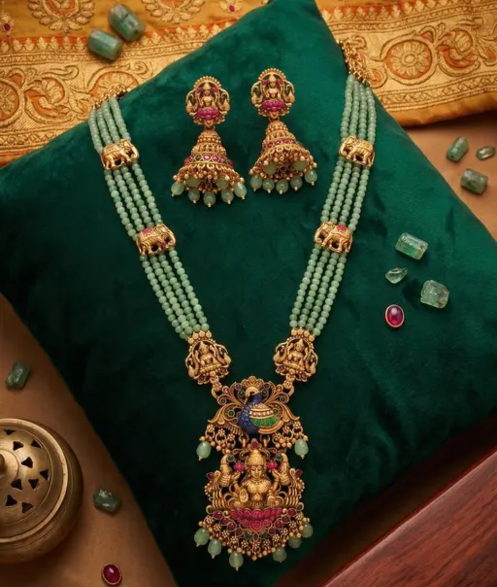 Royal Lakshmi Temple Jewelry Long Necklace & Jhumka Set with Mint Green Beads