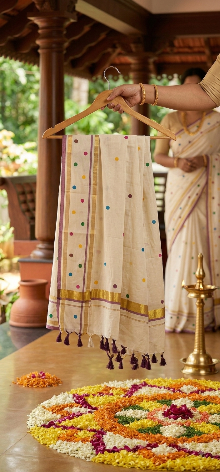 Traditional Kerala Off-White Kasavu Saree with Multicolor Polka Dots & Tassels