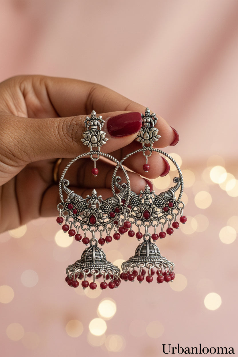 Oxidised Silver Goddess Lakshmi Hoop Jhumka Earrings with Ruby Red Beads