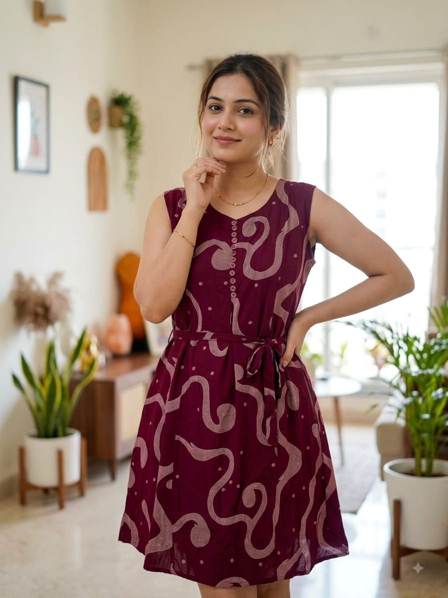 Maroon Printed Sleeveless Dress with Waist Tie